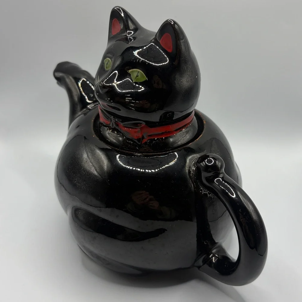 Shafford Redware Vintage Hand Painted Black Cat Kitsch Pottery Teapot, Lidded